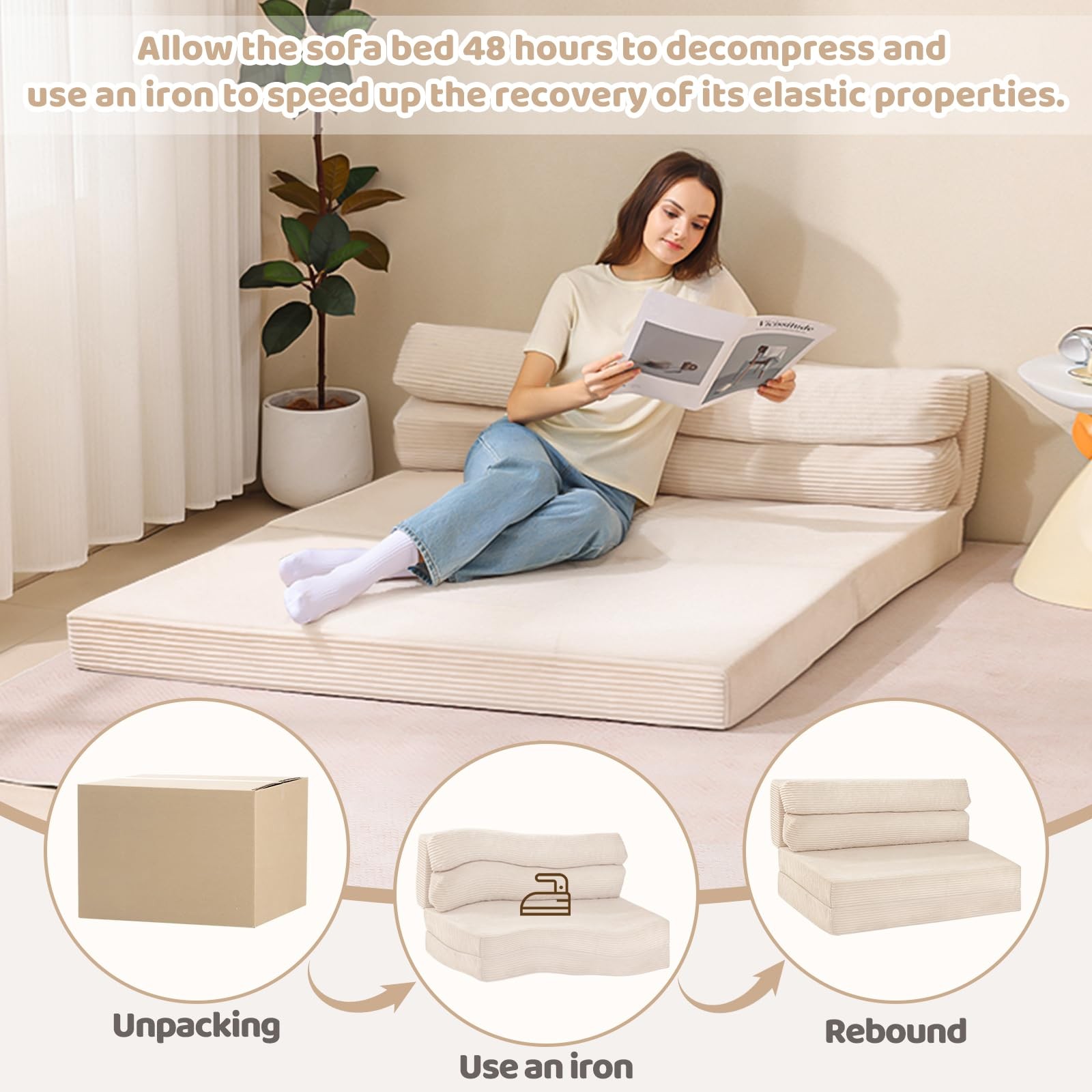 JUIKURY Folding Sofa Bed, Convertible Sleeper Chair with Pilow Full, Beige
