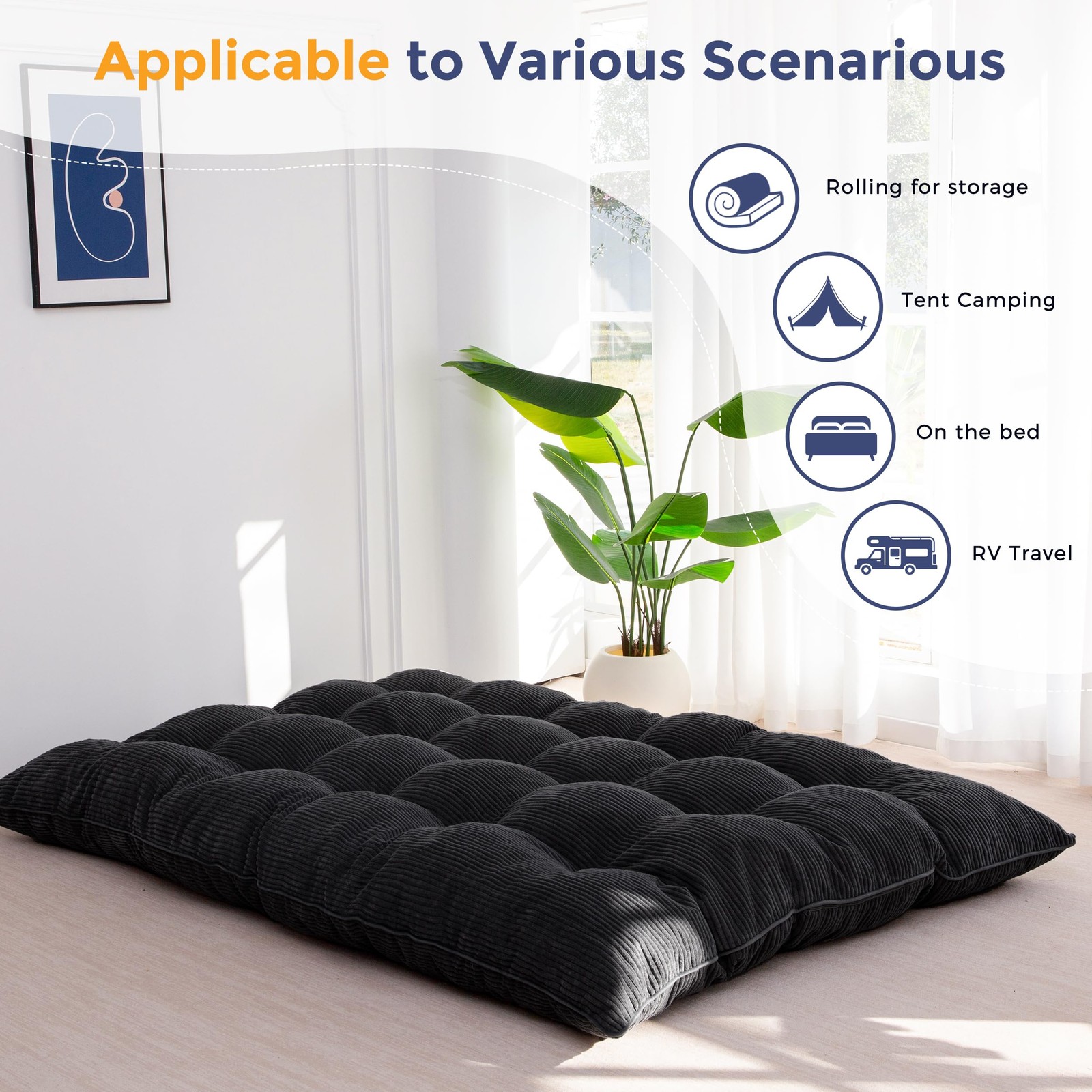 6″ Japanese Floor Mattress, Foldable Futon Mattress Queen Size, Tufted Roll U…