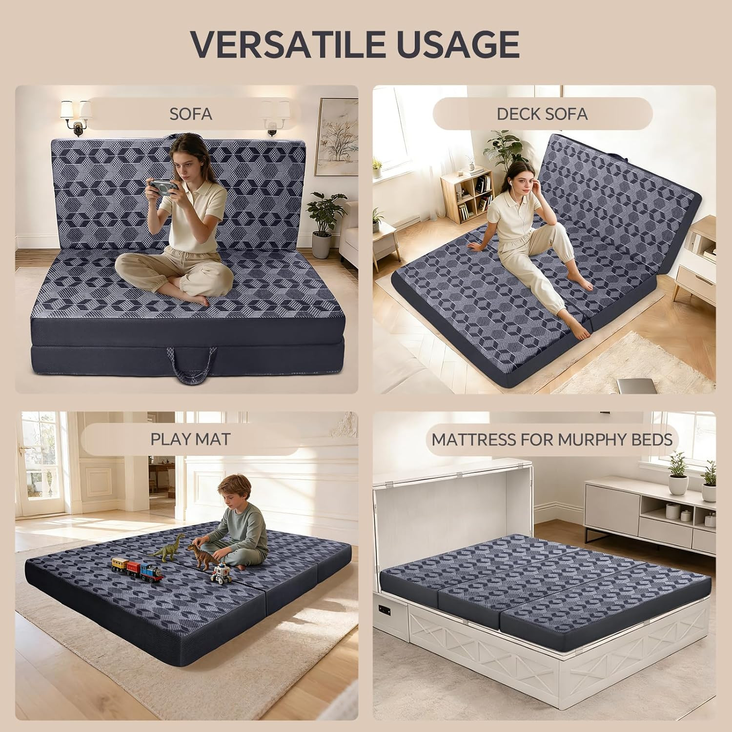 6″ Queen Tri-Fold Memory Foam Mattress Topper with Washable Cover – Dark Grey