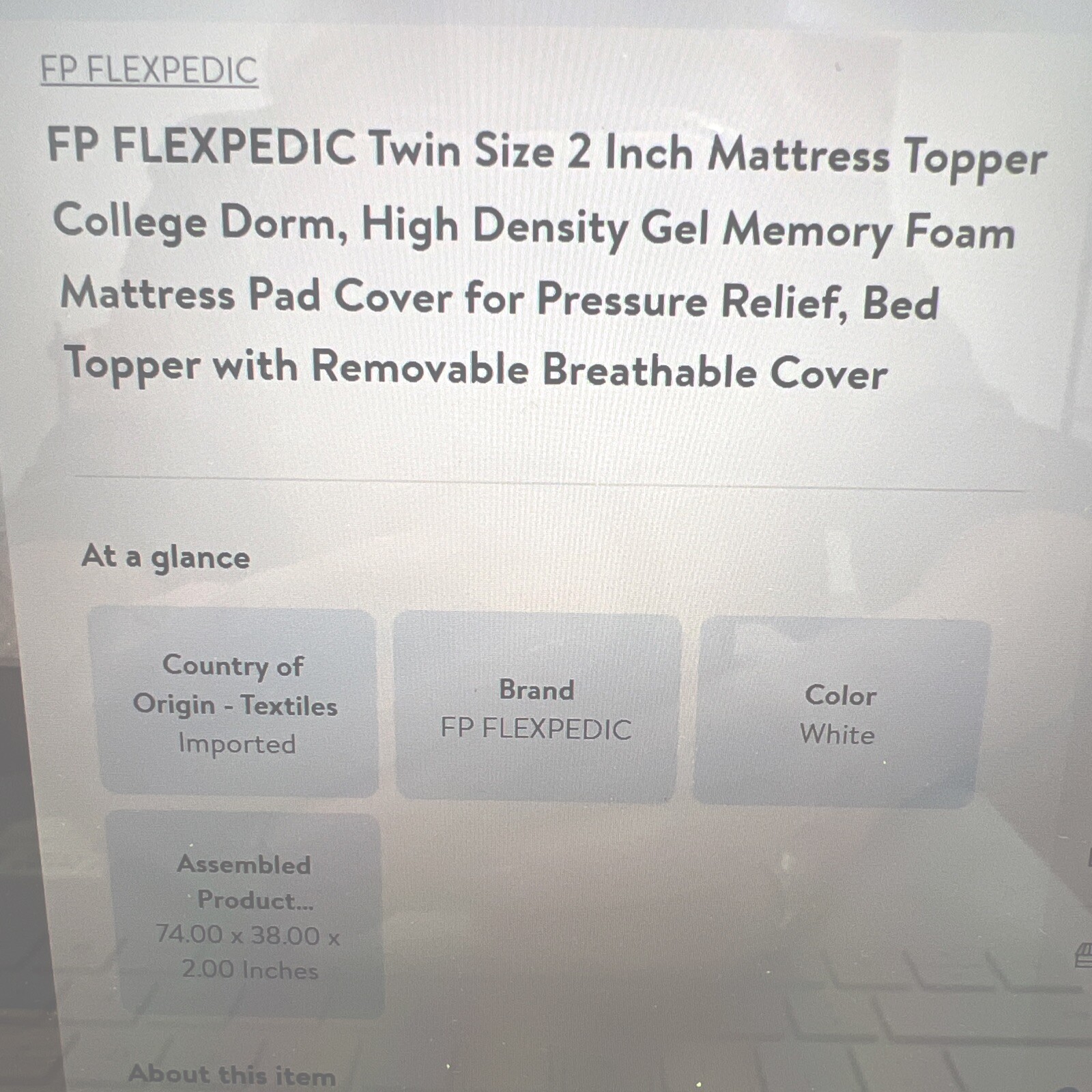 College Dorm Twin Mattress Topper NEW Flexipedic 39 x 75 Deep Foam 2″ Thickness