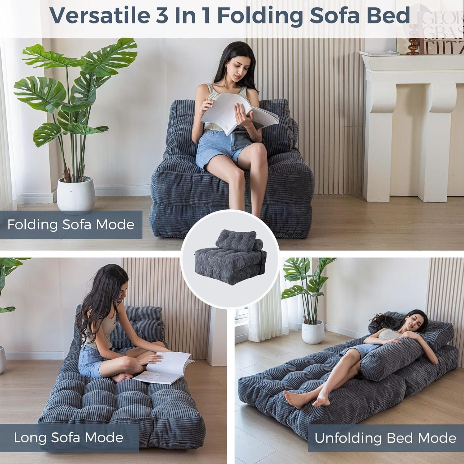 MAXYOYO Folding Sofa Bed, Convertible Sleeper Chair with Single, Dark Grey