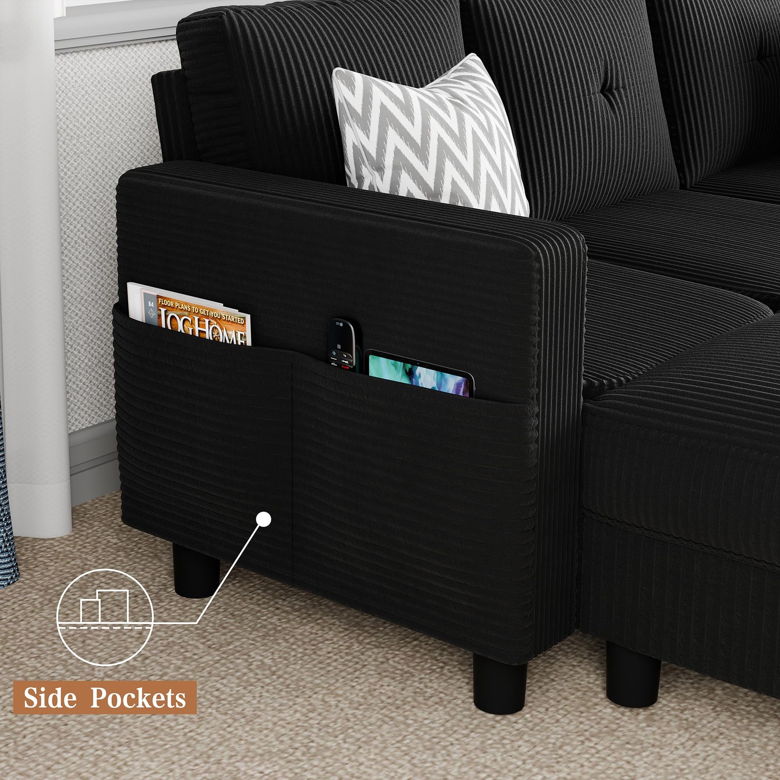 Shintenchi Modern Upholstered Sectional Sofa, L-Shaped Couch with Black