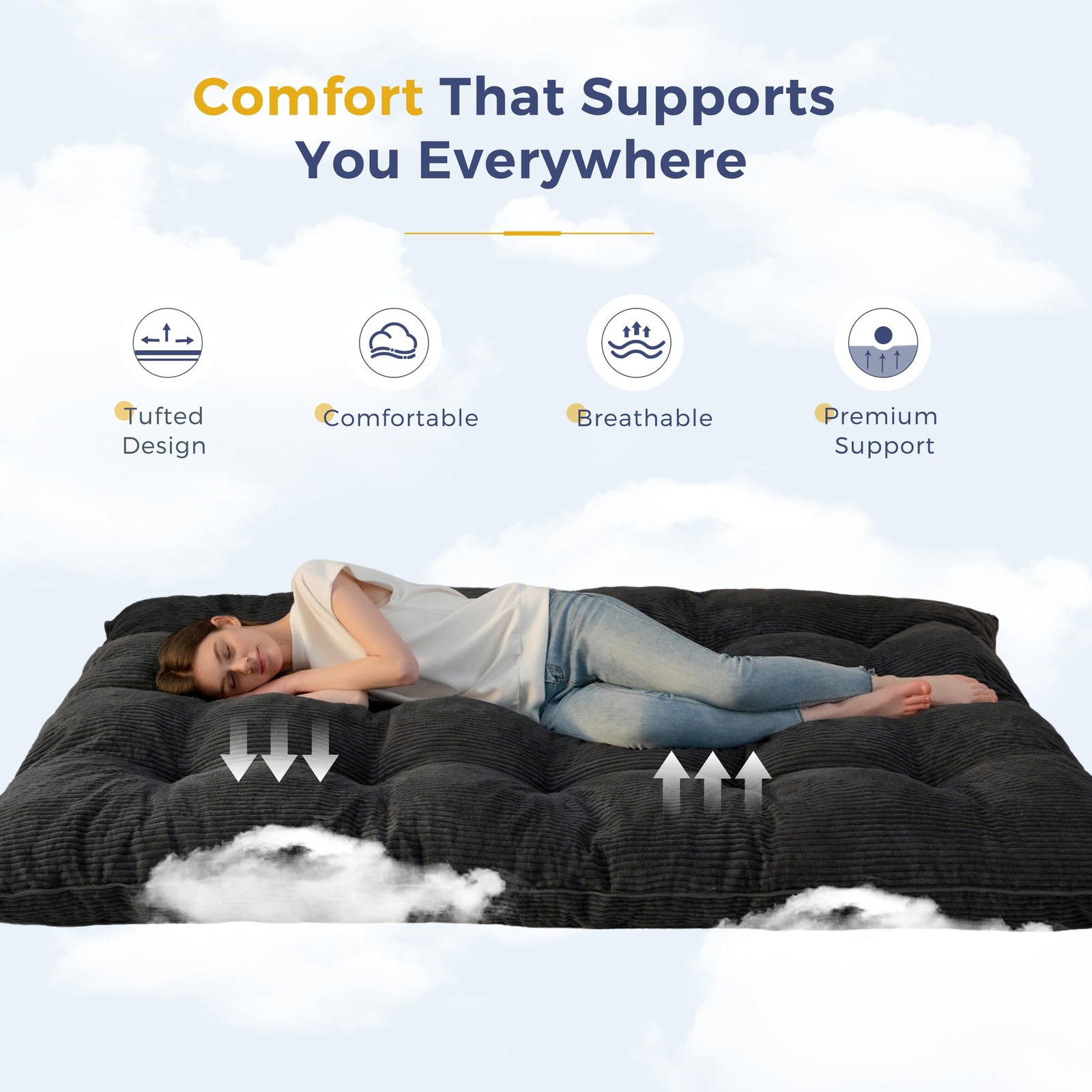 6″ Japanese Floor Mattress, Foldable Futon Mattress Queen Size, Tufted Roll U…