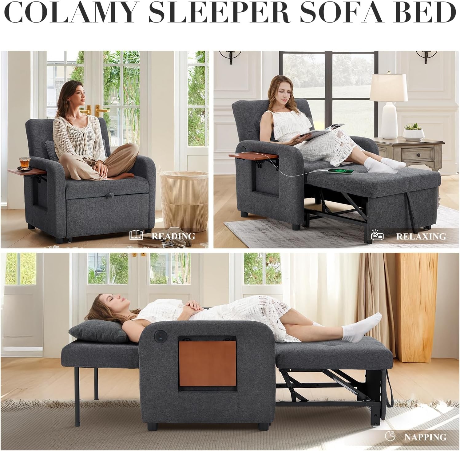 Convertible Sleeper Chair-Fabric Futon Sofa Bed, Single Sleeper
