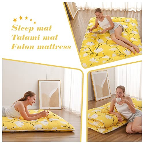 Japanese Floor Mattress, Queen（80″L x 60″W） Yellow Flower ( 4″th + Dust Cover ）