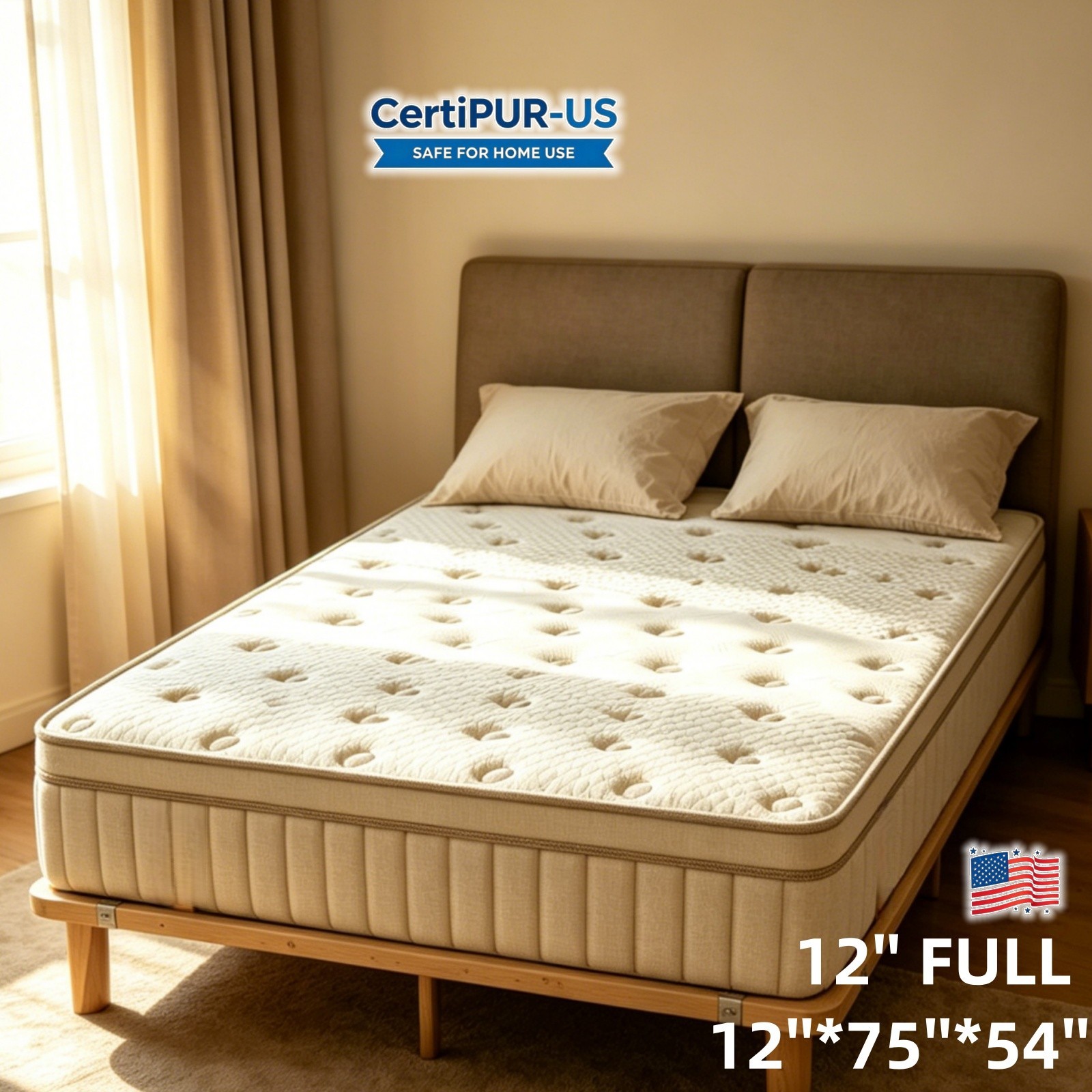 NEW! 12 Inch Gel Memory Foam Hybrid Spring Mattress Full Size CertiPUR-US Beige