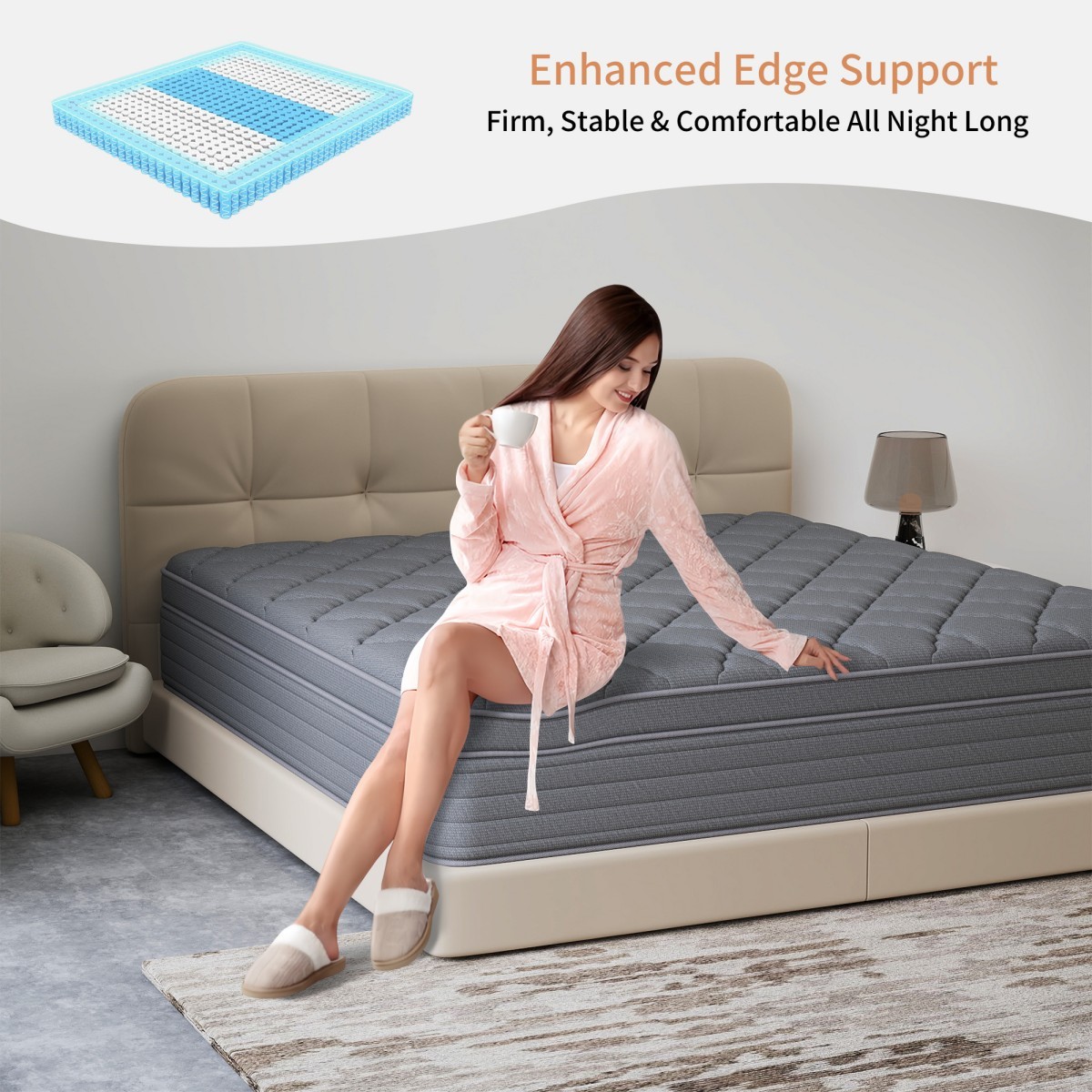 12″14″ Gel Memory Foam Hybrid Spring Mattress In A Box Twin Full Queen King Gray
