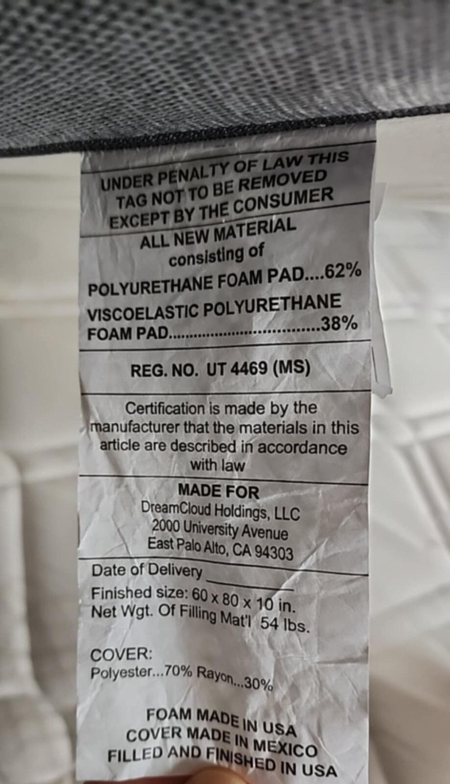 Mattress (NECTAR) Foam Queen Size 60 X 80 X 10 In.