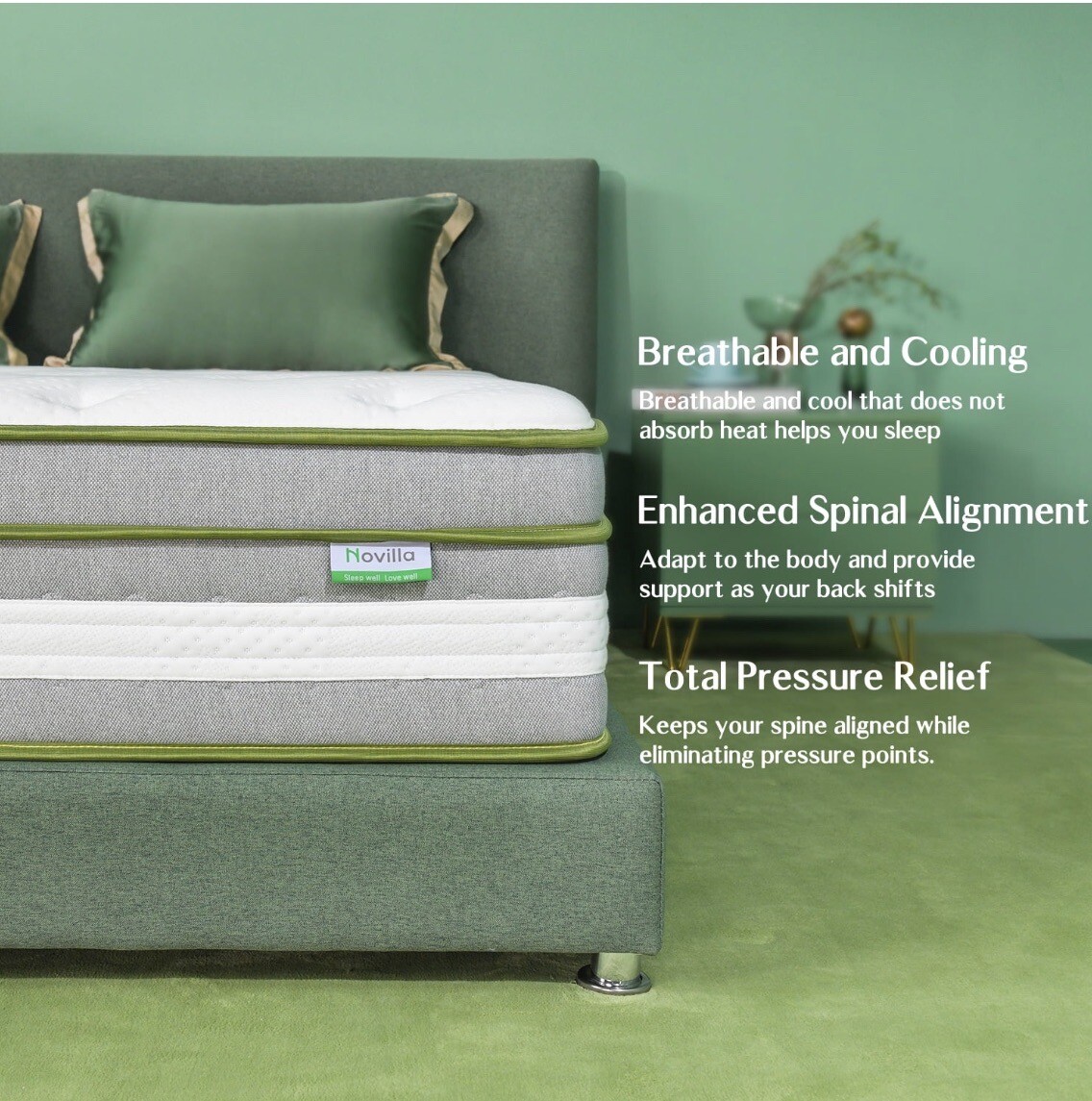 Novilla 12″ Mattress Queen Hypoallergenic Cooling Hybrid Memory Foam Durable