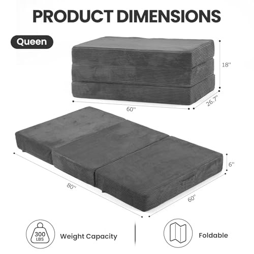 Erament Folding Mattress Size, Trifold Mattress 6 inch Foldable Queen Grey