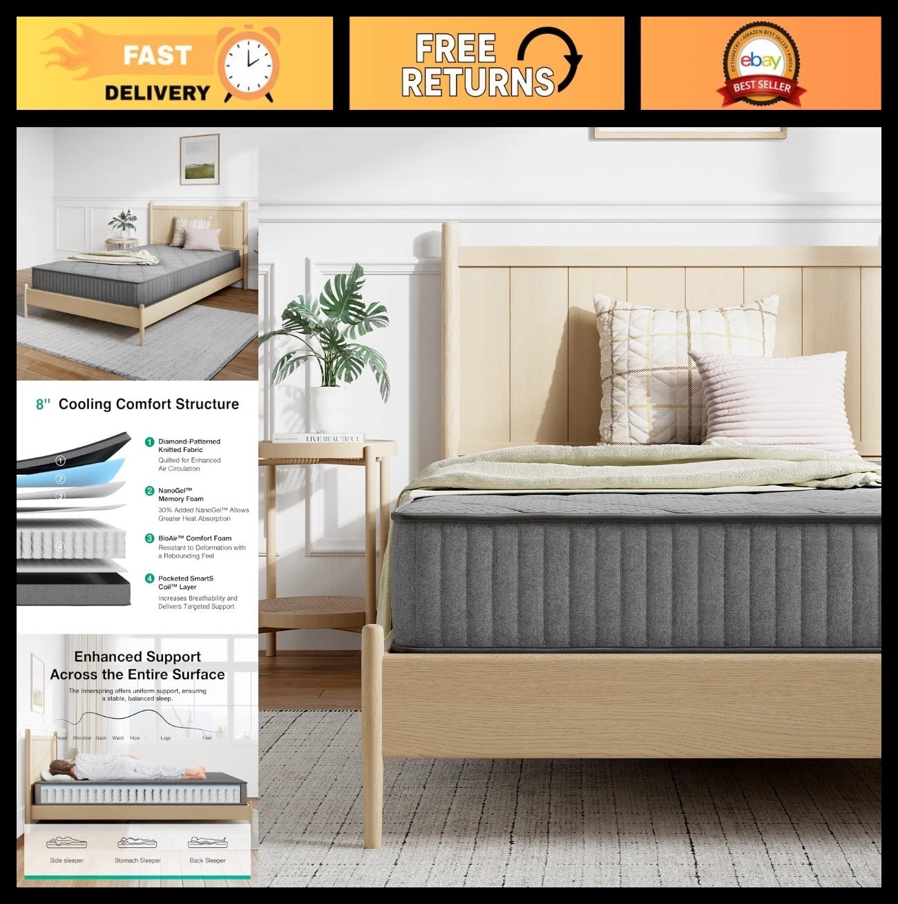 8″ Twin Hybrid Mattress in a Box – Gel Memory Foam, Pocketed Springs, Back Pain