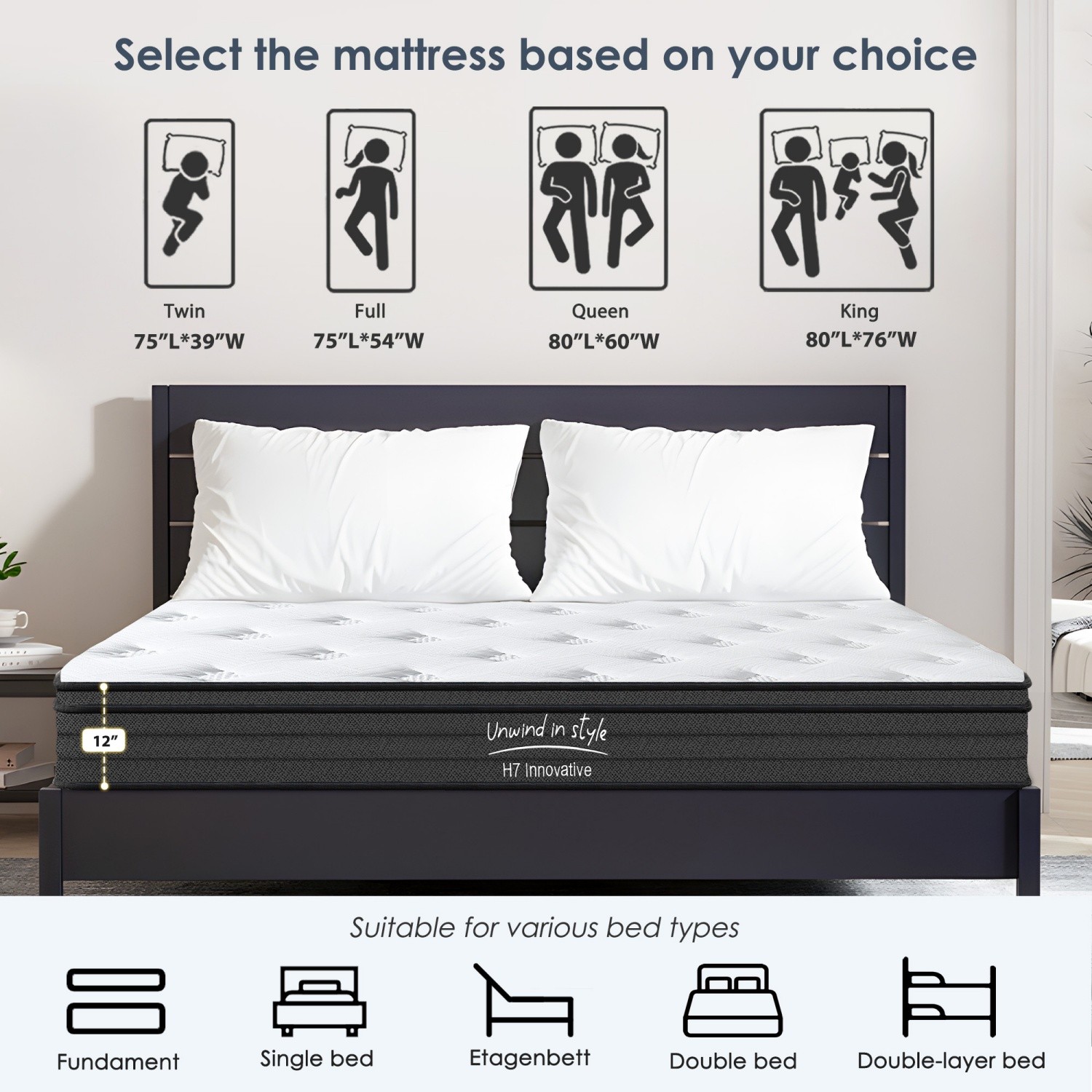 12in Queen Hybrid Medium Firm Mattress w/ Pocket Springs Memory Foam CertiPUR-US