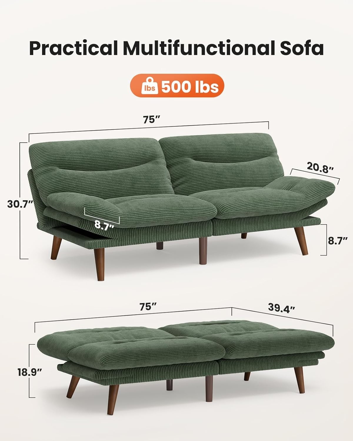 ada 75″ Convertible Futon Sofa Bed, Corduroy Folding Futon Set with