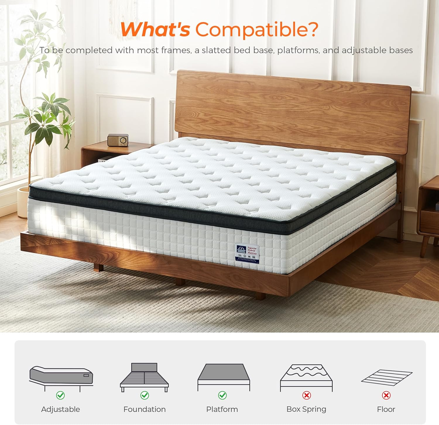 Luxurious 14″ Queen Hybrid Mattress with Gel Foam & Coil Springs – Medium Firm