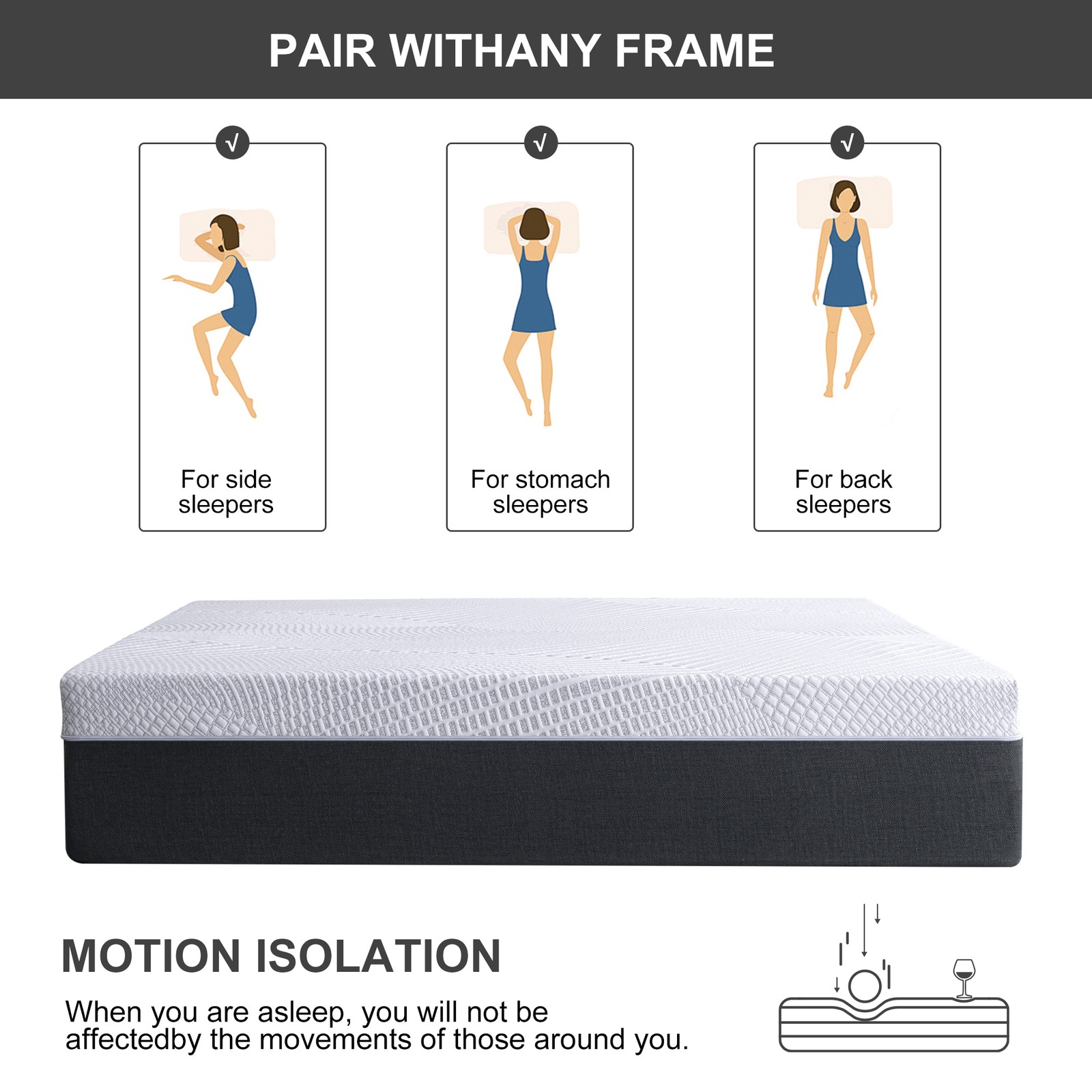 8/10/12In No-Noise Gel Memory Foam Mattress Twin Full Queen King Szie Mattress