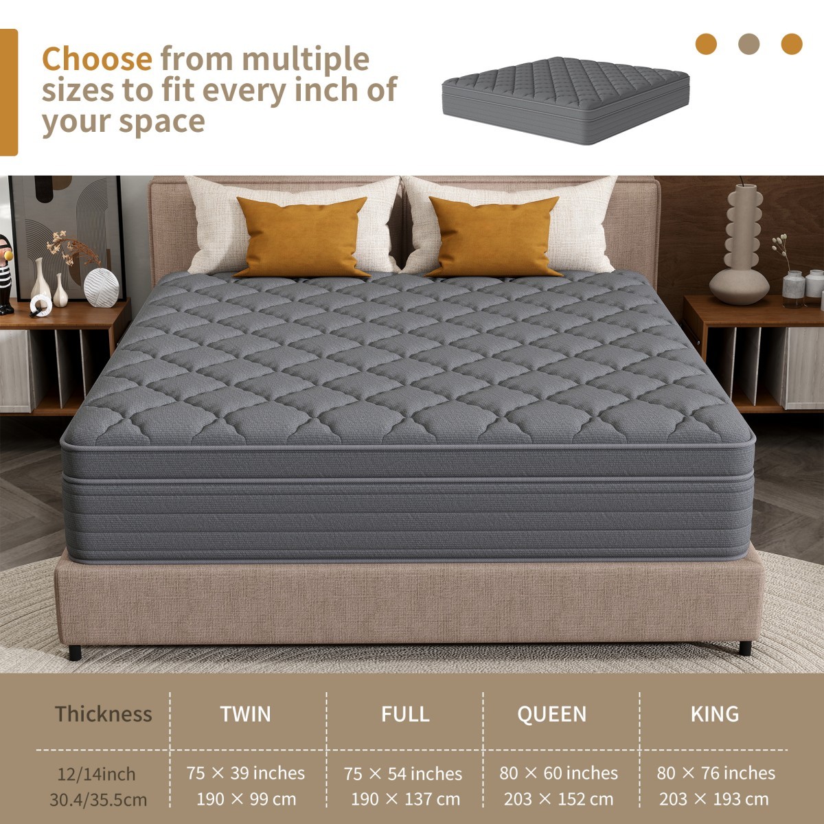 12/14 Inch Memory Foam Spring Hybrid Mattress In A Box Twin Full Queen King Gray