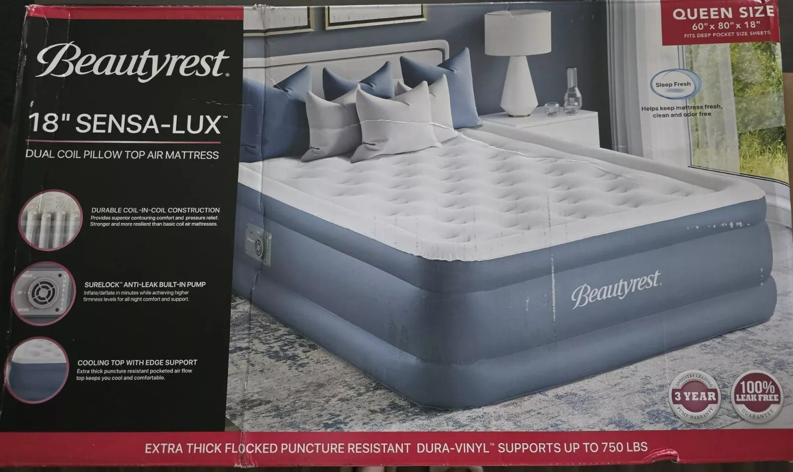 Beautyrest Silver 18″ Sensa-lux Dual Coil Pillow Top Air Mattress Queen Size!