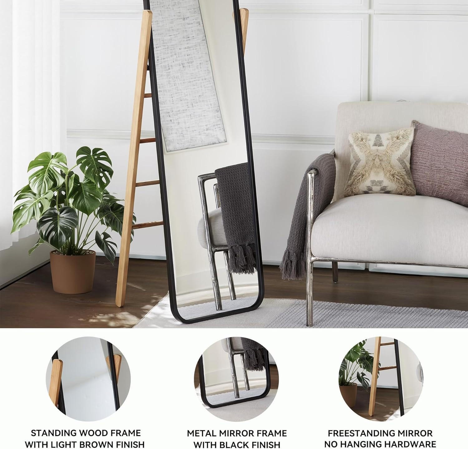 Bronick Contemporary Full Length Floor Mirror – Metal & Wood, Black & Light Brow