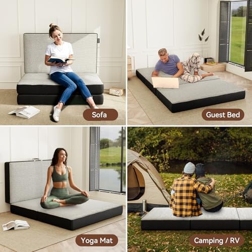 Memory Foam Trifold Mattress Portable Floor Bed 6 Inch, Queen 6 Inch-Grey