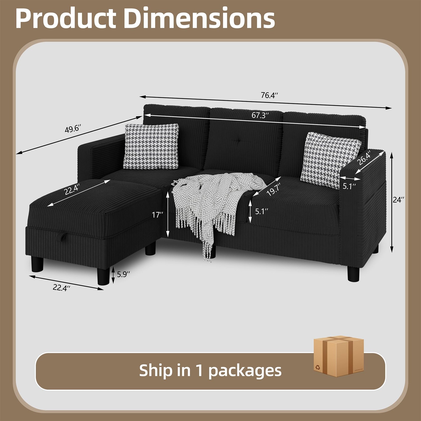 JAMFLY Convertible 76.4 inches (W) x 49.6 (L) x 24 (H), Black
