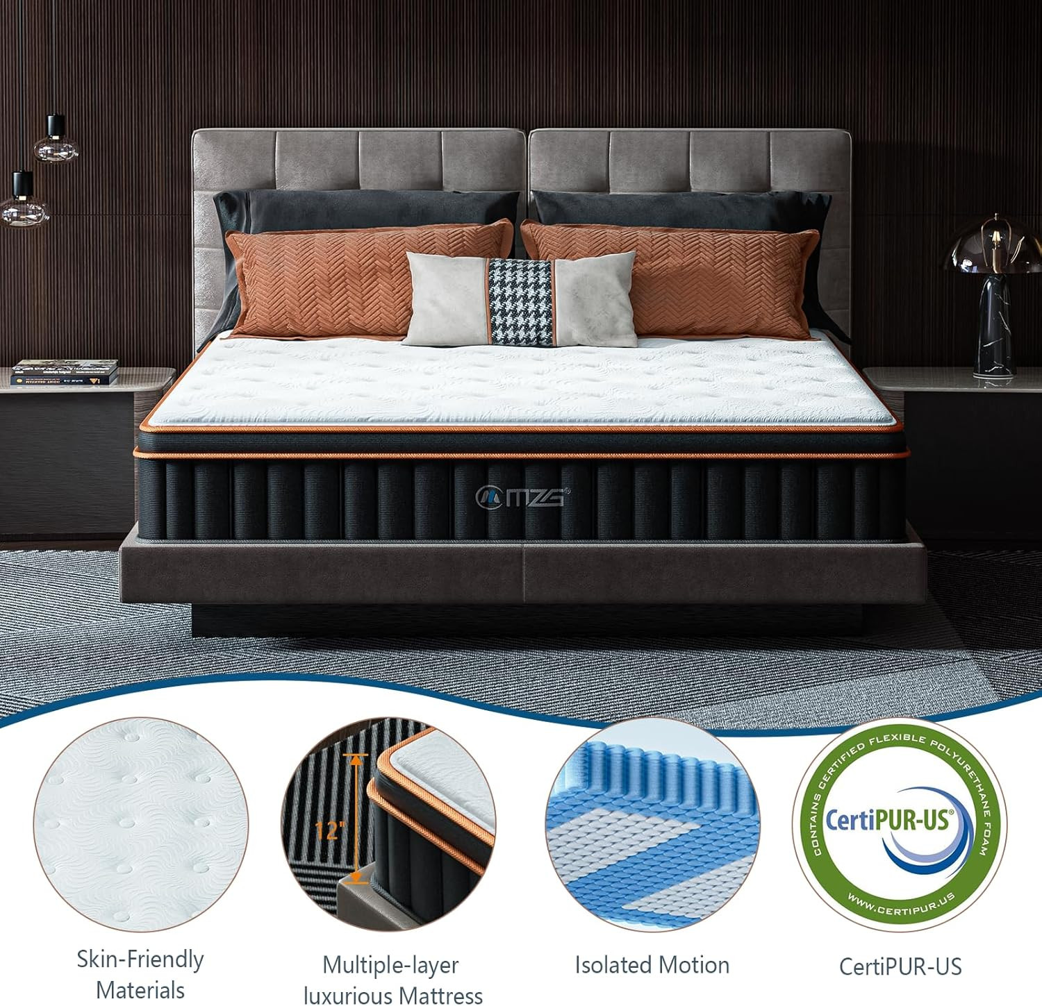 King Size 12″ Plush Hybrid Mattress with Cooling Gel & Pocket Coils