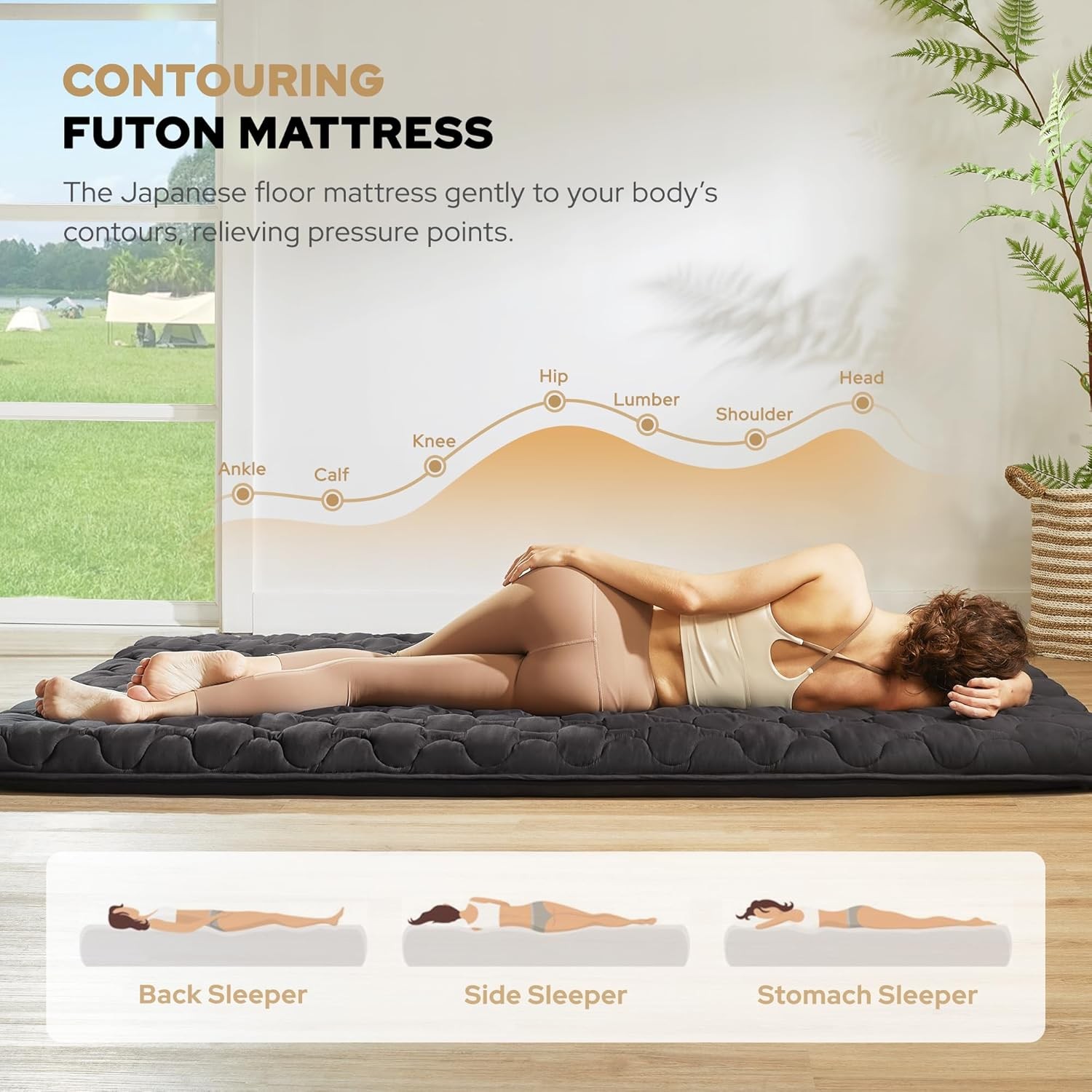 Japanese Floor Mattress, Futon Mattress Queen Size 3″ Thick Portable, Gray