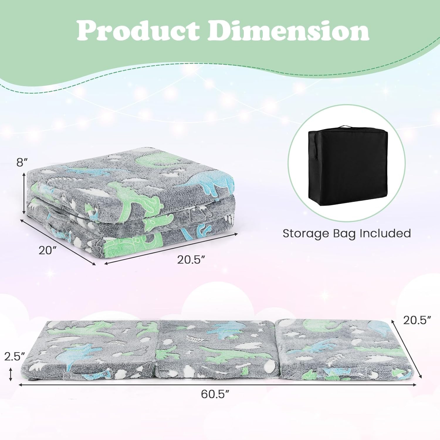 Glow in Dark Foldable Kids Floor Mattress with Washable Cover & Storage Bag