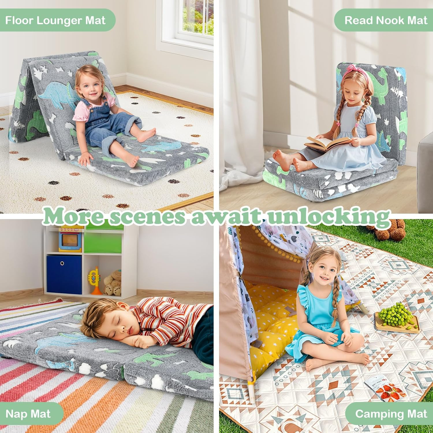 Glow in Dark Foldable Kids Floor Mattress with Washable Cover & Storage Bag
