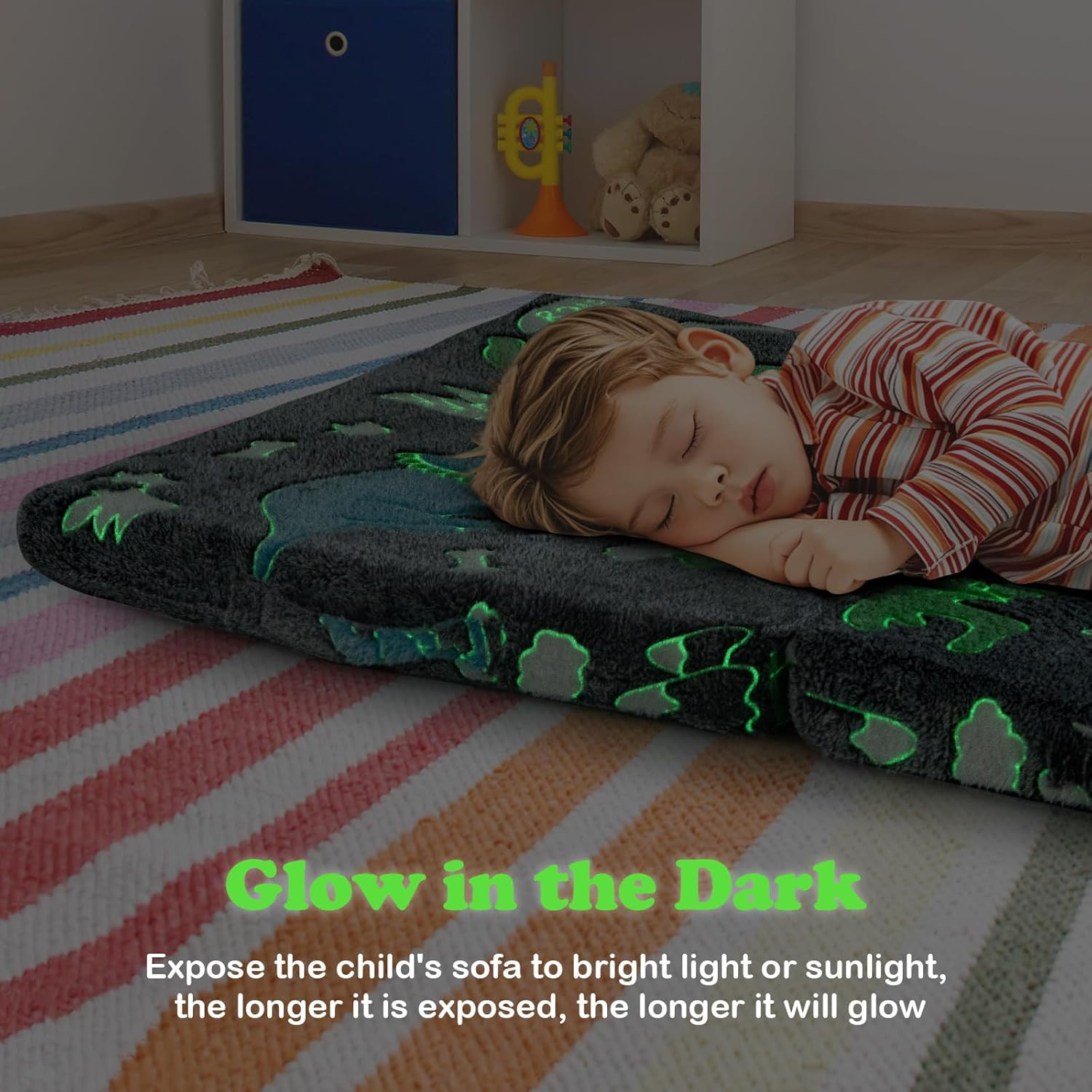 Glow in Dark Foldable Kids Floor Mattress with Washable Cover & Storage Bag