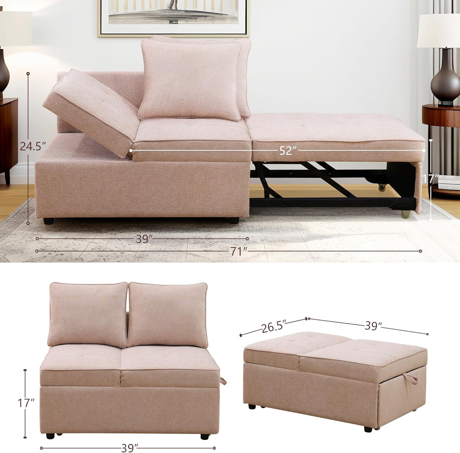 Sleeper Sofa, 4-in-1 Convertible Ottoman Couch Bed, Modern Sacloth Futon