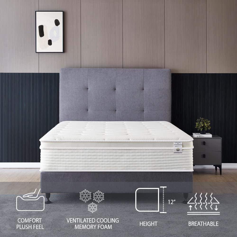 Full Size Mattress – 12 Inch Cool Memory Foam & Spring Hybrid Mattress with Brea