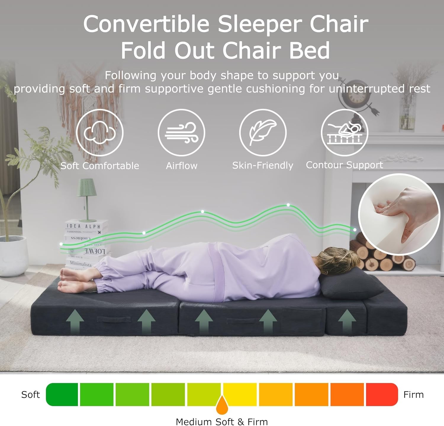 Folding Sofa Bed, 4 in 1 Convertible Sleeper Chair with Pillow, Twin