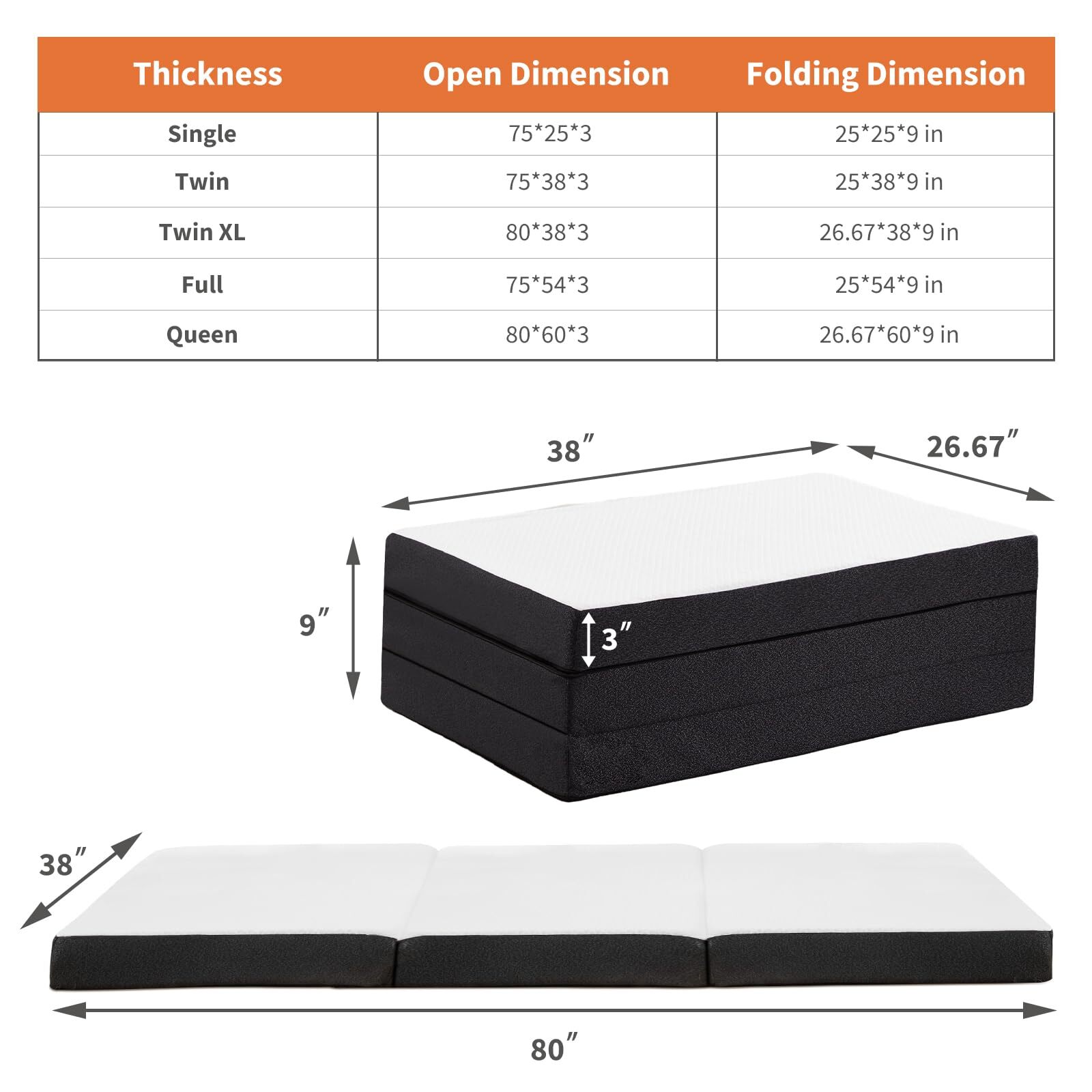 Folding Mattress Twin XL 3-Inch Tri-Fold Mattress with Memory Foam 80″×38″×3″