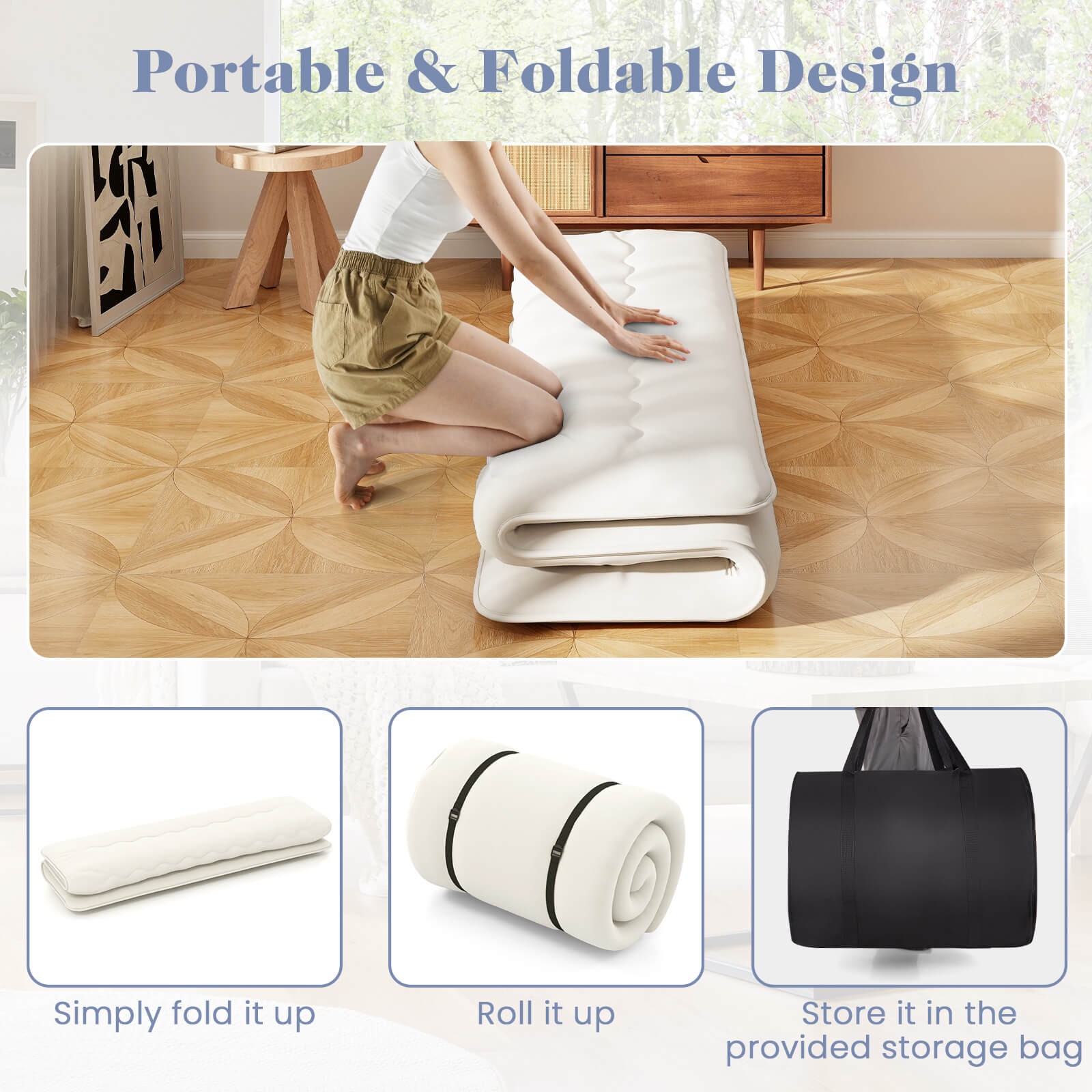 King Futon Mattress Japanese Floor Sleeping Pad Washable Cover Carry Bag Beige