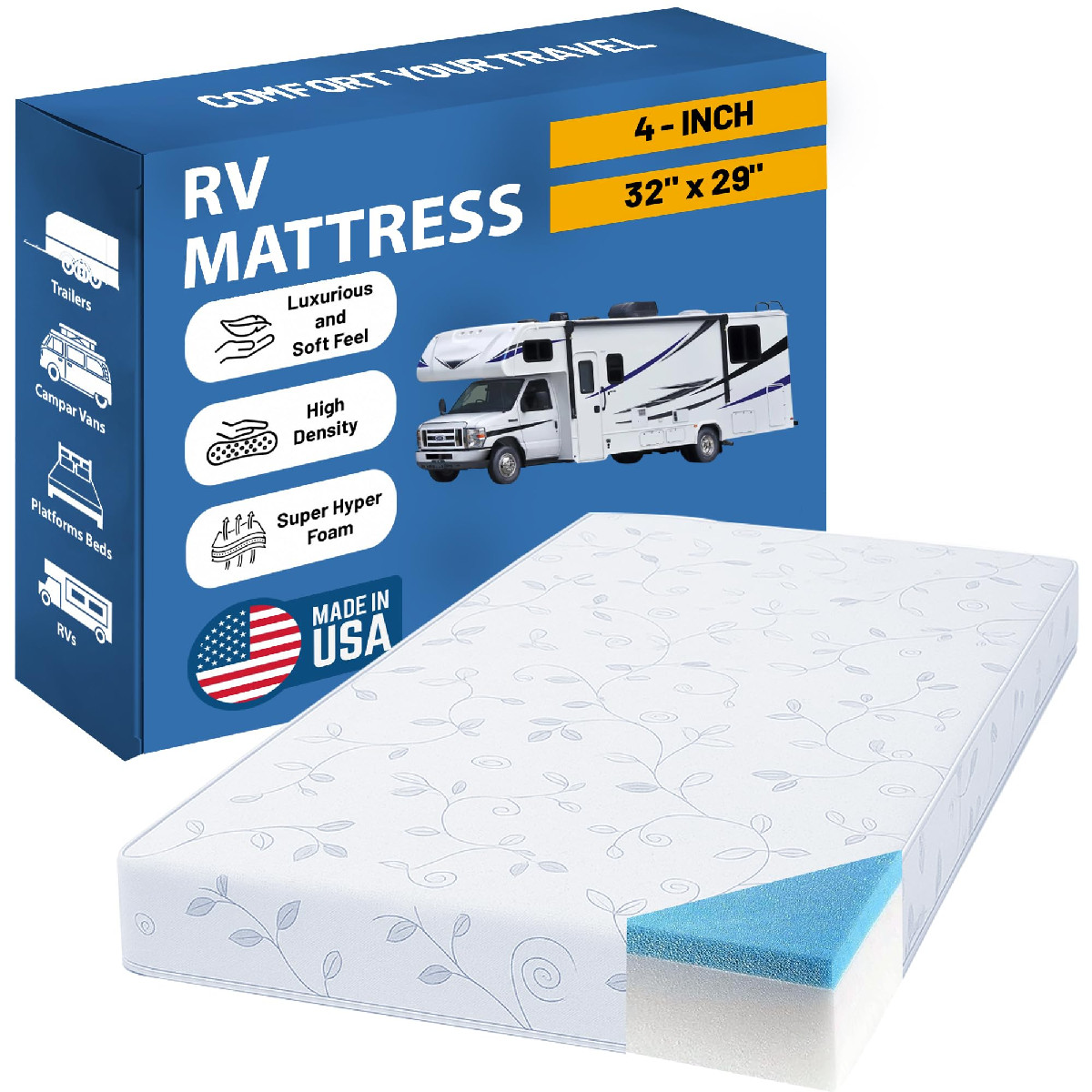 Greaton 4″ High-Density Cooling Gel Memory Foam RV Mattress Replacement Medi