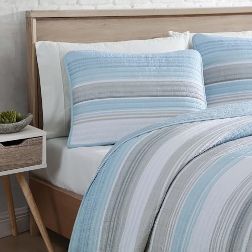 Coralinn Striped 3-Piece Quilt Set – Lightweight – All Full/Queen Blue Gray
