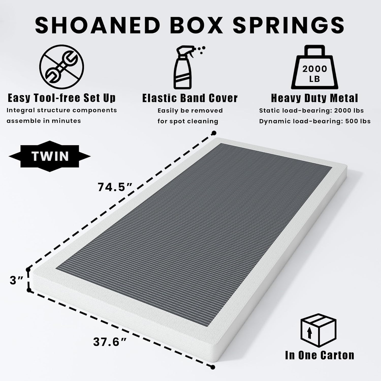 Low Profile Twin Box Spring – 3 Inch Heavy Duty Metal Bed Base with Cover