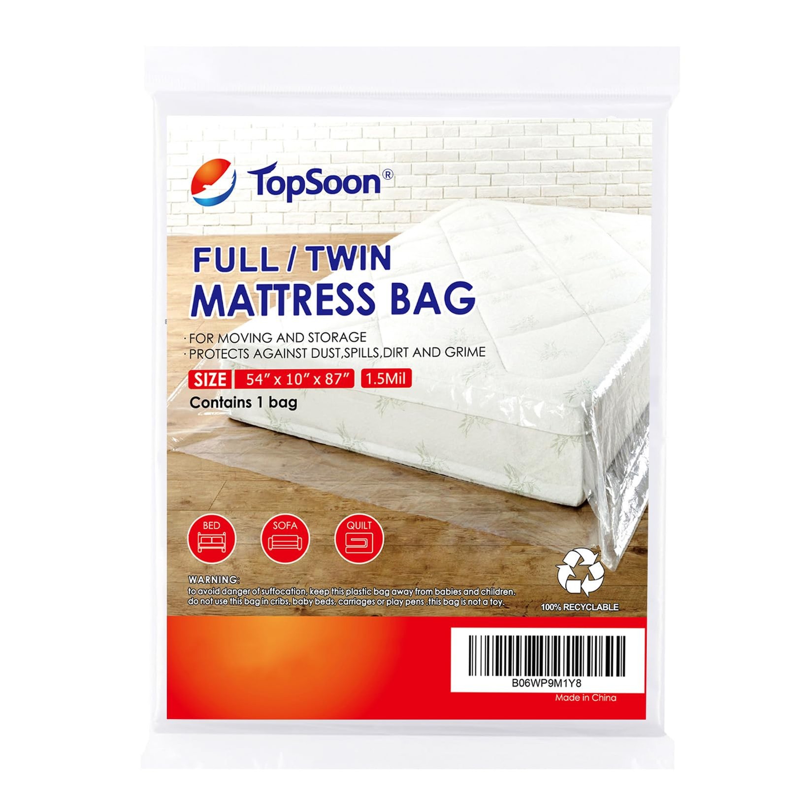 Mattress Storage Bag Full/Twin Size 54-Inch by 87-Inch Clear Disposal Bag