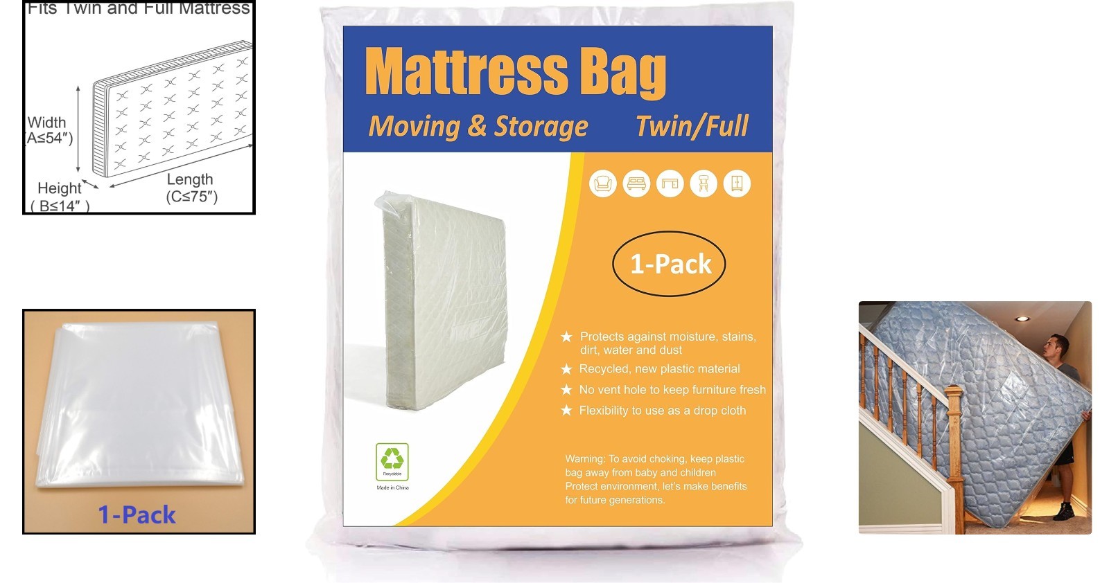 Clear Twin/Full Mattress Protection Bag – Lightweight, 1 Pack for Safe Keeping