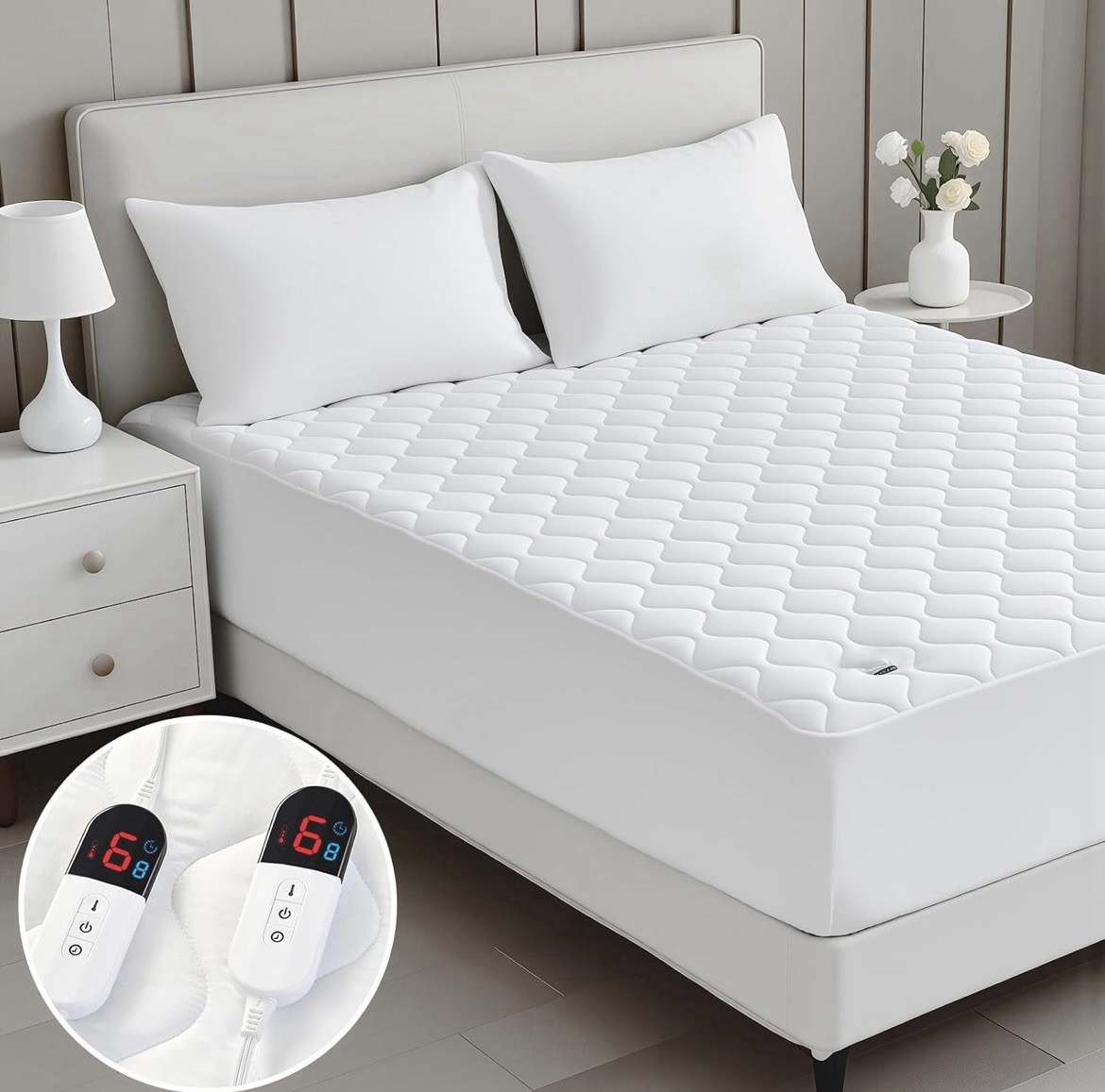 King Heated Mattress Pad Dual Control 6 Heat Bed Warmer Deep Pocket 21”