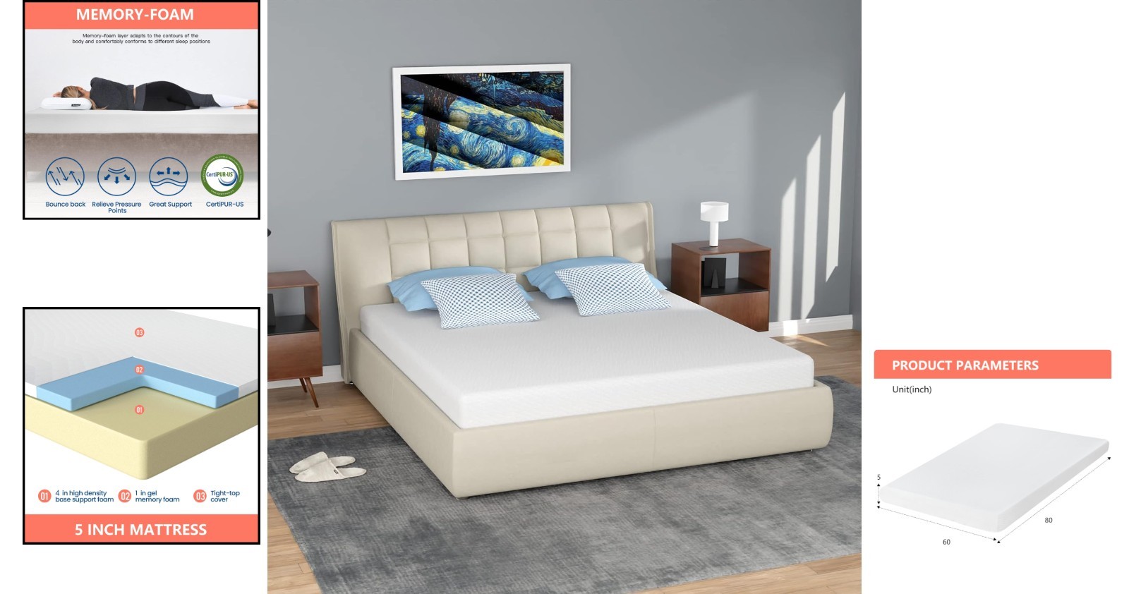 Medium Firm Gel Memory Foam Queen Mattress – 5 Inch, Cooling & Removable Cover