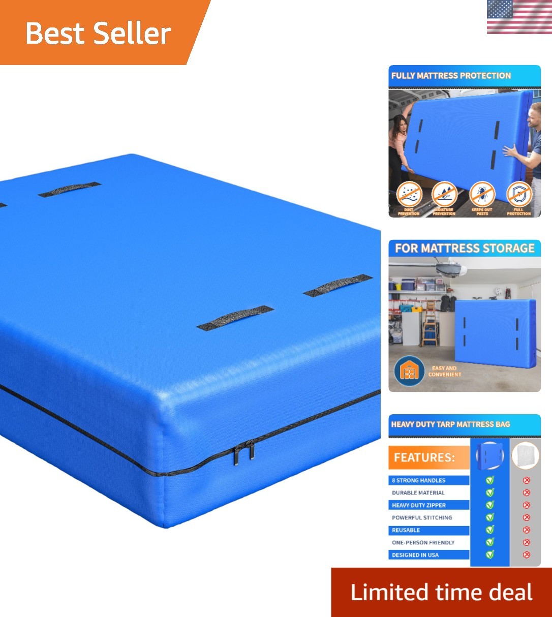 Heavy Duty Waterproof King Mattress Bag with Handles – 82”L x 79”W x 15”D