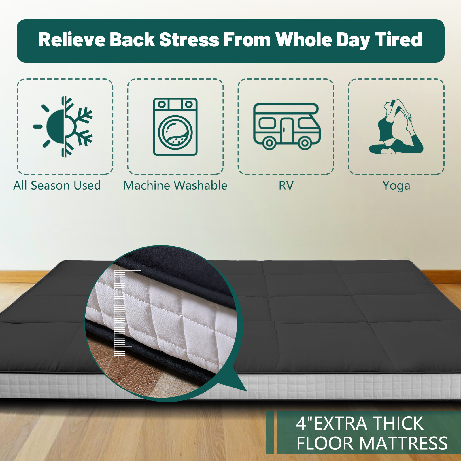 80″ Length Japanese Floor Tatami Mattress Thicken Futon Mat Black Gray for Adult