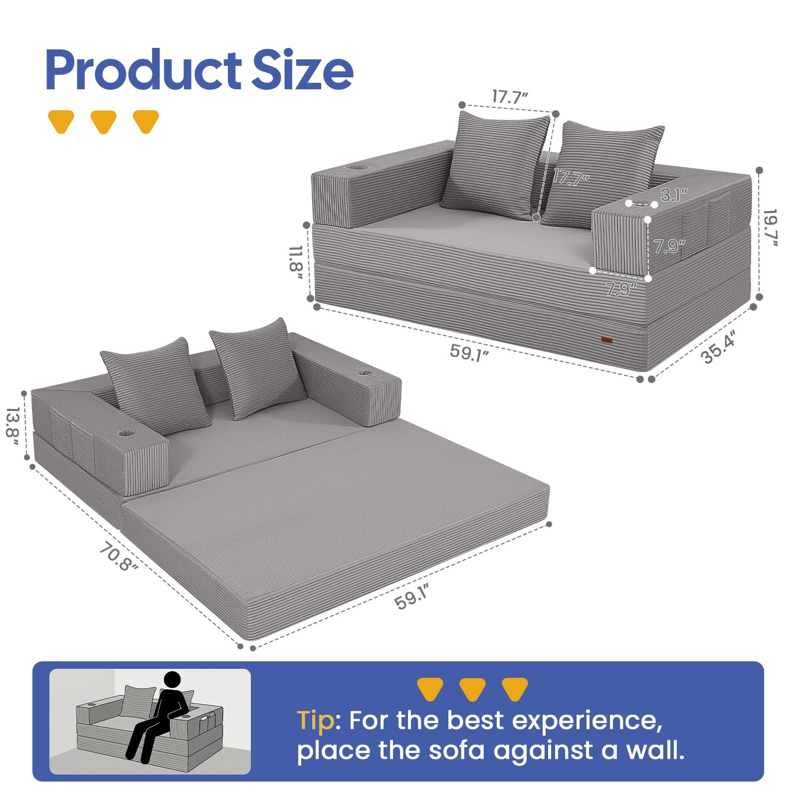 COMAX Futon Sofa Bed, 4‑in‑1 Convertible L-Shaped Loveseat, Light Grey