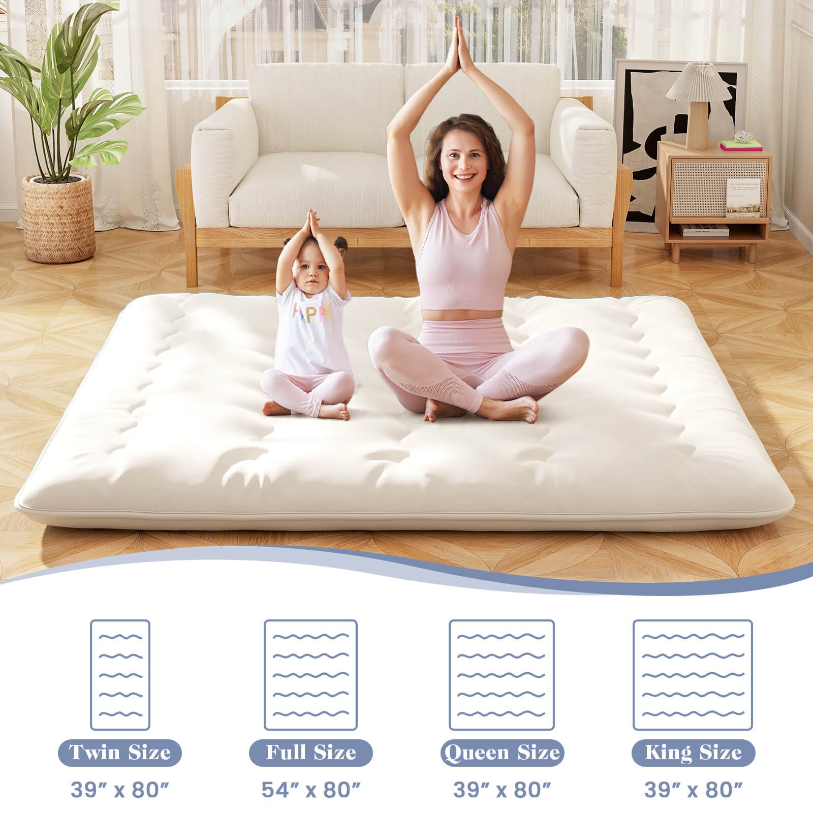 King Futon Mattress Japanese Sleeping Pad Lounge Bed w/ Washable Cover Beige