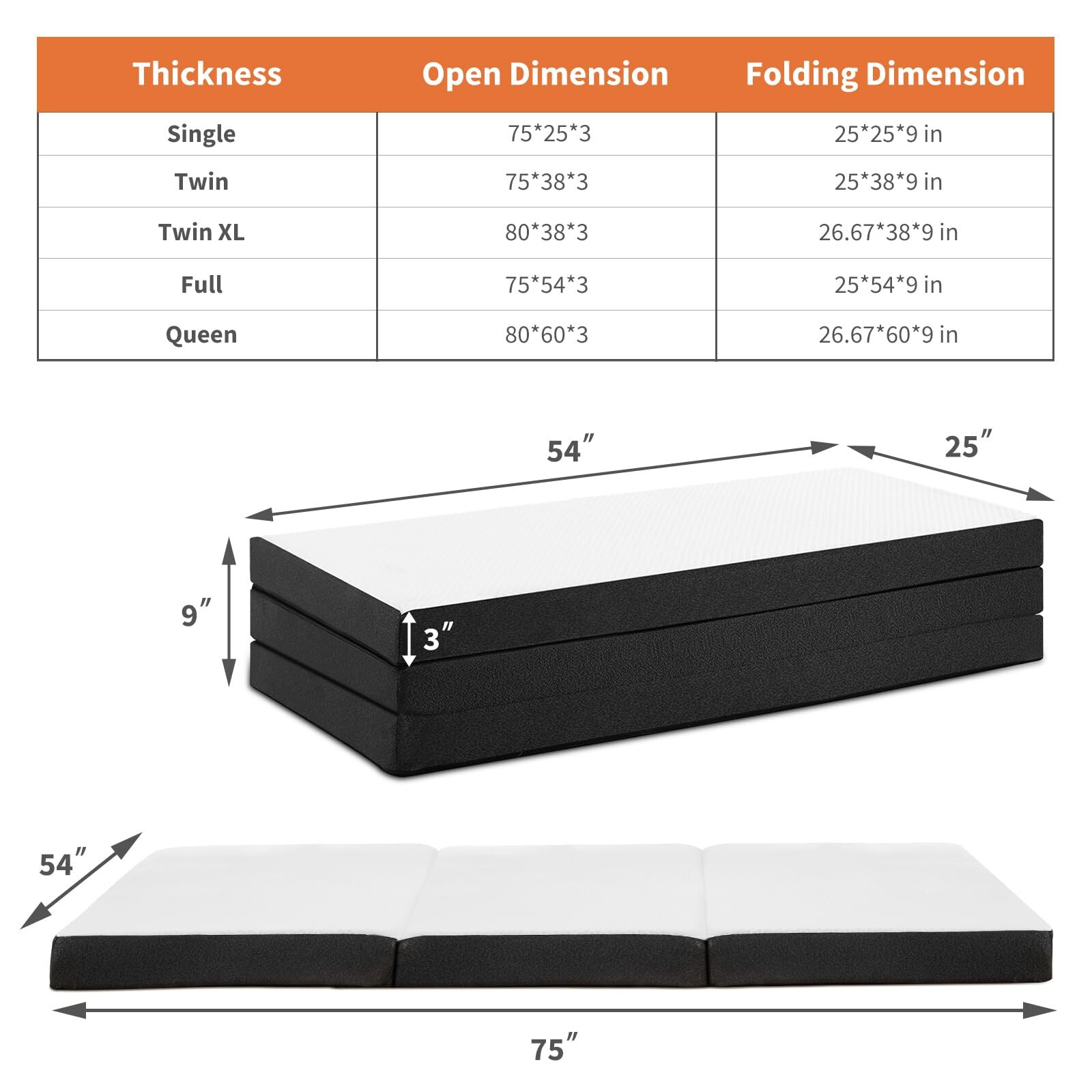 Full 3-Inch Folding Mattress Tri-Fold Mattress with Memory Foam 75″×54″×3″