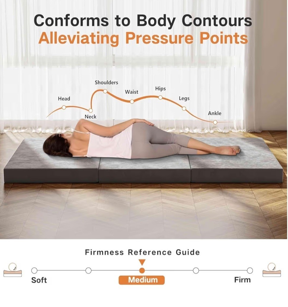 Tri-Fold Memory Foam Mattress 6″ Twin Reversible Folding Topper with Cover, Gray