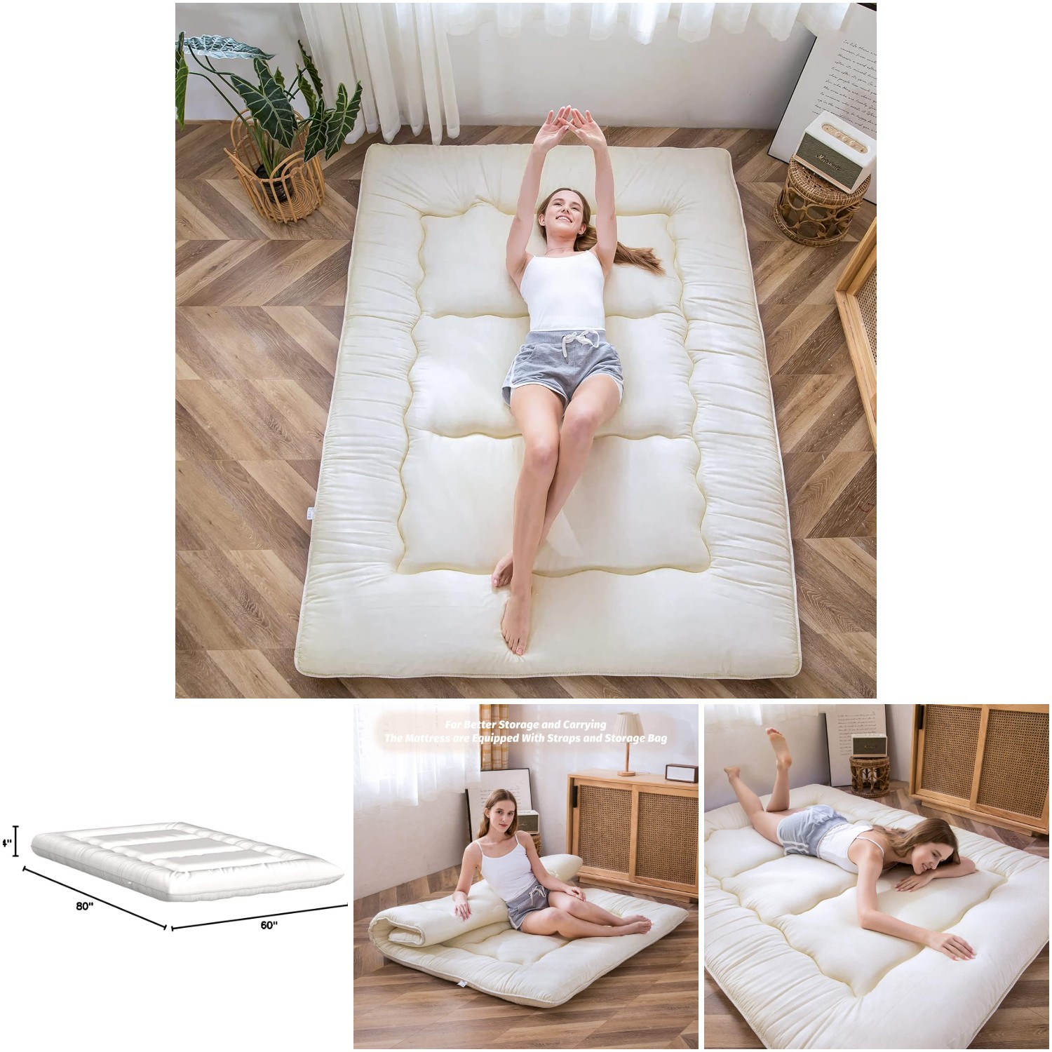 Queen Size Off White Thicken Tatami Mat Foldable Sleeping Pad Trifold Mattress
