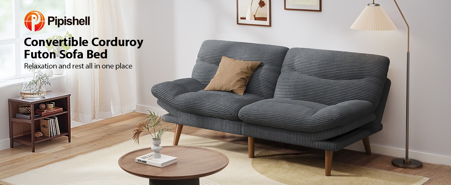 Pipi Futon Sofa Bed, 75 Inch Corduroy Futon Couch Convertible with