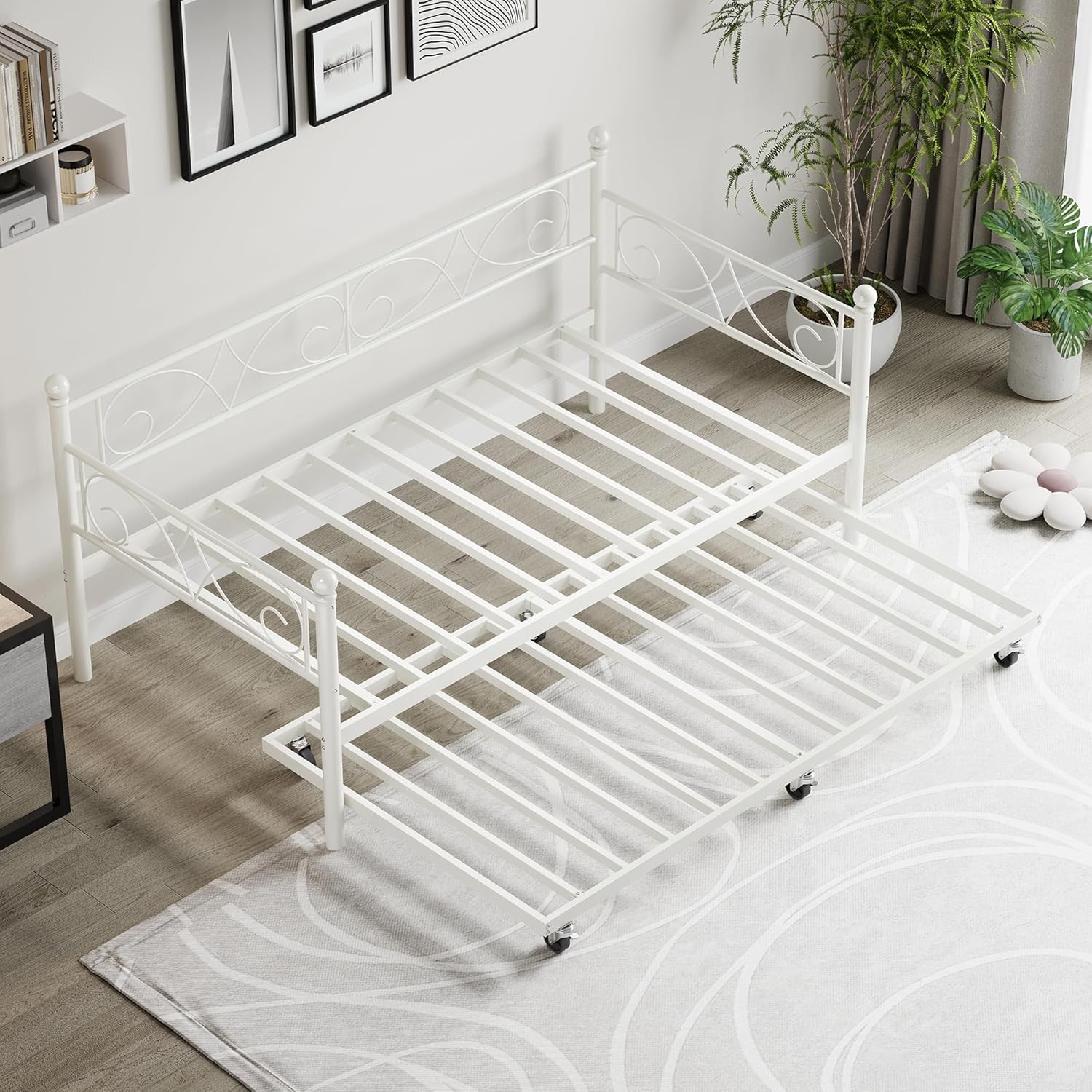 Twin Daybed with Trundle Bed, Space-Saving Metal Day Bed Fre with Floral